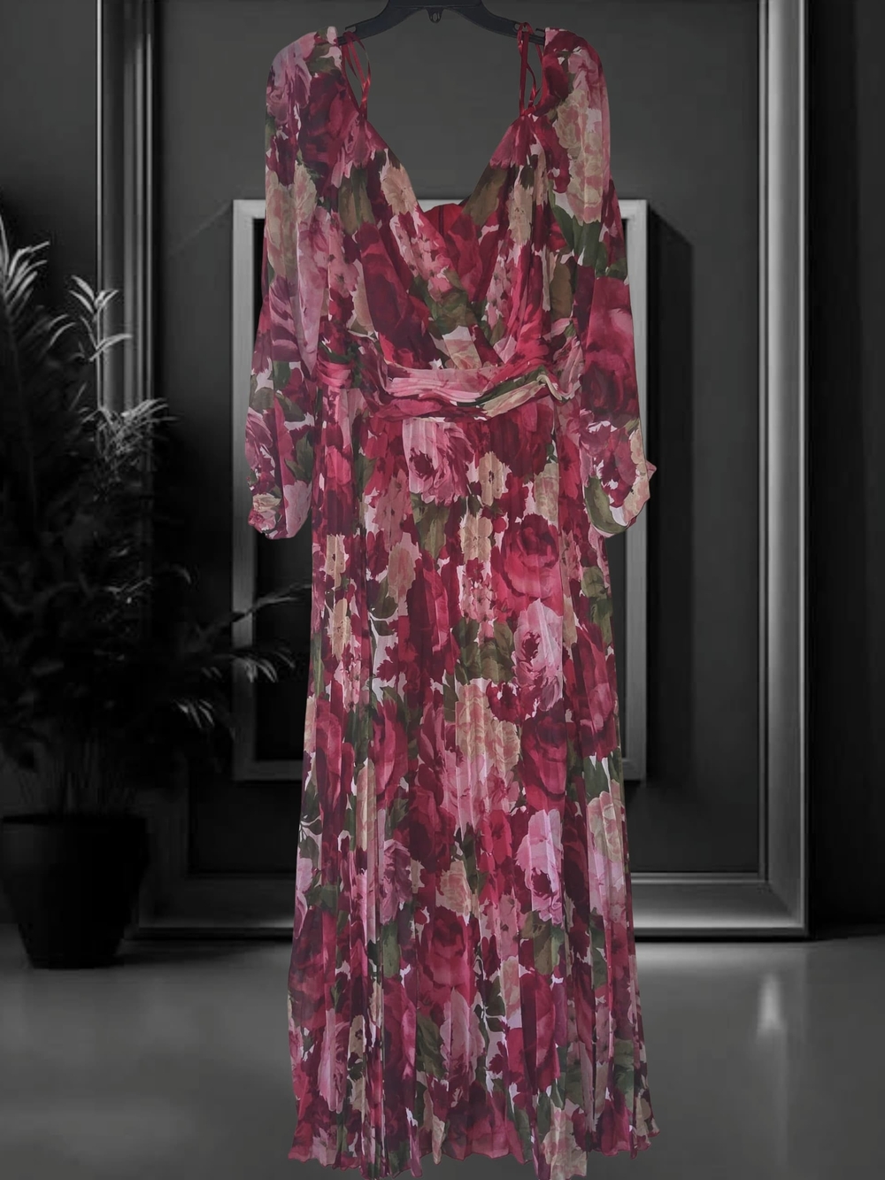 Xscape Plus Size Floral Pleated Maxi Off-The-Shoul Red Olive 20W Dress - Picture 7 of 16